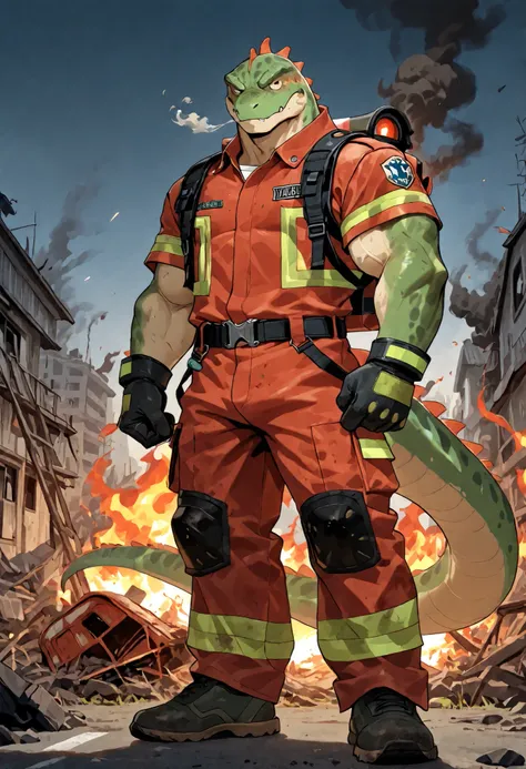 commission for high res, anthropomorphic, there are is a green salamander, wearing firefighter uniforms,  standings, the flames, exhausted, dirty body, fire smoke, destroyed building, muscular, full body, close up, looking at viewer, standing, confident fa...
