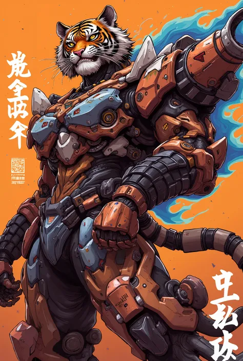 Japanese Anime,Art, animal robot, illustration, poster design ,Graffiti,tiger, Handsome Pose,Robot beast,Amazing composition, fantastic background, (Perfect detail:1.1), There is a blue flame on the back,holding a gun,confident smile