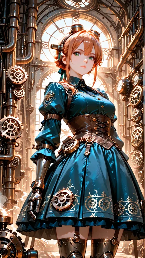(masterpiece:1.3, 8k:1.3, Highest Quality:1.3, detail:1.3, high resolution:1.3, Digital Painting, Super Detailed), 3/4 viewers, 1 girl, Metallic Automaton Features, Machinery Parts, Brass and Copper Skin, Clockwork Patterns, Steampunk Dress, Gear Accessori...