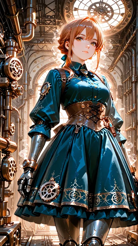(masterpiece:1.3, 8k:1.3, Highest Quality:1.3, detail:1.3, high resolution:1.3, Digital Painting, Super Detailed), 3/4 viewers, 1 girl, Metallic Automaton Features, Machinery Parts, Brass and Copper Skin, Clockwork Patterns, Steampunk Dress, Gear Accessori...