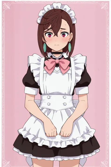 masterpiece,high quality,1girl,solo, asymmetrical bangs, hair between eyes, medium hair, brown hair, red eyes, earrings, black choker, anime screencap, anime screenshot, anime coloring, maid outfit, short frilly skirt with white apron, puff sleeves, dark n...