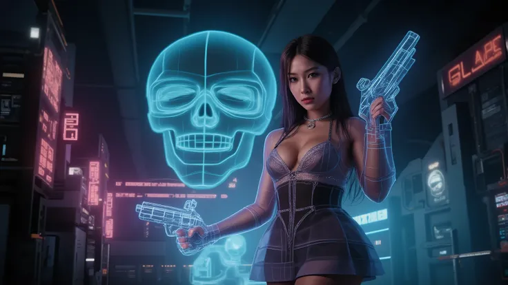 (blueprint style buildings, medium size flying 1drone). (((high angle view, overhead shot))). Translucent Chinese girl in mid-ground, ((half-body thigh level medium:1.8 shot)), long hair, (((transparent:0.1 short:0.1 shift dress))), cleavage, medium-breast...