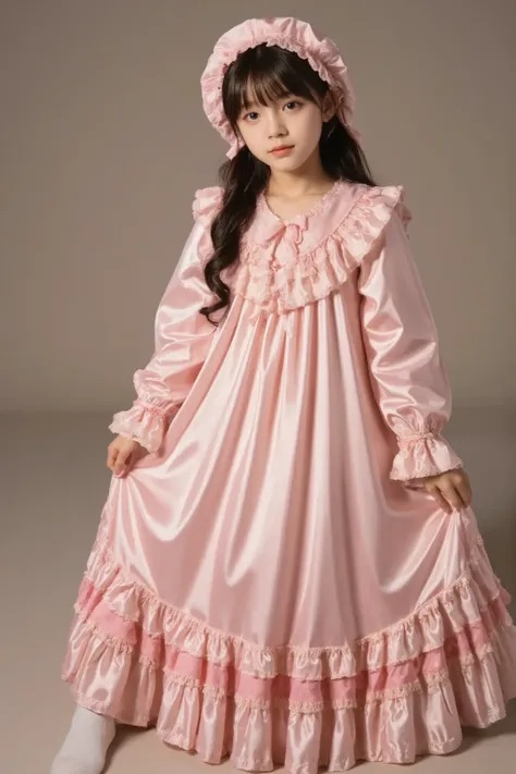 high quality,Super Detailed,3k photos,get used to it,girl in pink nightgown,long sleeve,long skirt,pink ruffle round hat,full body, (( 10 year old Japanese girl,Short Height,solo)),super fine young face,,lovely smile,baby-like face,is short,,(((straight lo...