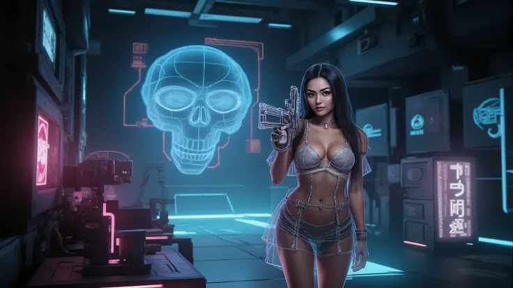 (blueprint style buildings, medium size flying 1drone). (((high angle view, overhead shot))). Translucent Chinese girl in mid-ground, ((half-body thigh level medium:1.8 shot)), long hair, (((transparent:0.1 short:0.1 shift dress))), cleavage, medium-breast...