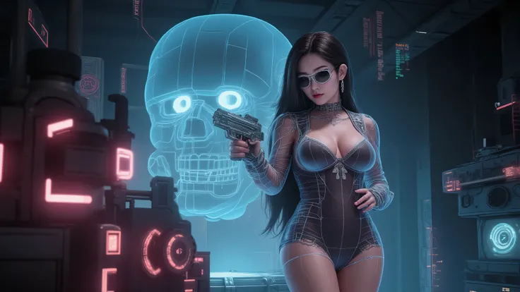 (blueprint style buildings, medium size flying 1drone). (((high angle view, overhead shot))). Translucent Chinese girl in mid-ground, ((half-body thigh level medium:1.8 shot)), long hair, (((transparent:0.1 short:0.1 shift dress))), cleavage, medium-breast...