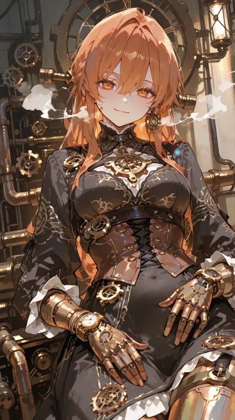 (masterpiece:1.3, 8k:1.3, Highest Quality:1.3, detail:1.3, high resolution:1.3, Digital Painting, Super Detailed), 3/4 viewers, 1 girl, Metallic Automaton Features, Machinery Parts, Brass and Copper Skin, Clockwork Patterns, Steampunk Dress, Gear Accessori...