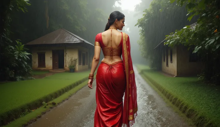 Full hd elegant picture of princess wearing wet red saree and wet half sleeves red blouse walking towards hut in heavy rain in the scary forest full picture 3d art view full picture back view