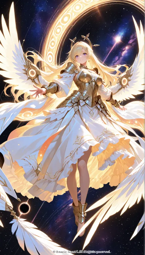 inside a giant spiral galaxy, an angelic woman glides gracefully on a star's arm. their wings shine in constellations, each feather is a small galaxy. they wear elegant armor made of rainbow-colored meteorites, their faces are gentle and sacred. behind the...