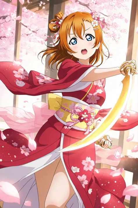 masterpiece, highres, ecchi, love live!, bright anime art, official style, kousaka honoka,1girl, elegant combat stance, short front long back kimono, sakura flower patterns, wide obi belt with large bow on the back, holding katana in right hand (blade angl...