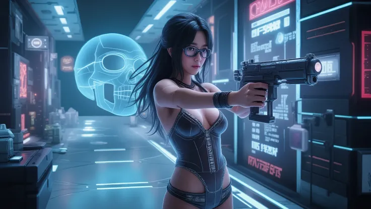 (blueprint style buildings, medium size flying 1drone). (((high angle view, overhead shot))). Translucent Chinese girl in mid-ground, ((half-body thigh level medium:1.8 shot)), long hair, (((transparent:0.1 black short:0.1 shift dress))), cleavage, medium-...