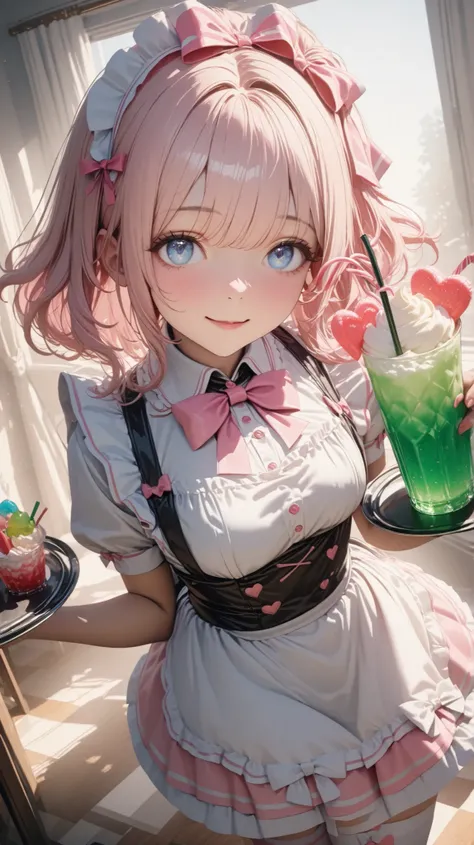 1girl, long pink gold hair, blue eyes, hair bow, Cute Maid Clothes, freeley dress, aprons, Thigh High Socks, ribbon, holding drinks,melon soda, Heart Shaped Straws, Has Trays, perfection, whipped cream, pastel, candy themed accessories, Thigh Bandage, Chee...
