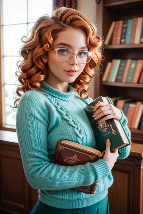 high quality, attractive nerdy woman, copper curls framing face, flirtatious glance over eyeglasses, green eyes sparkling, sensual pose leaning against bookcase, book in hand, fitted sweater accentuating curves, cozy bookstore atmosphere