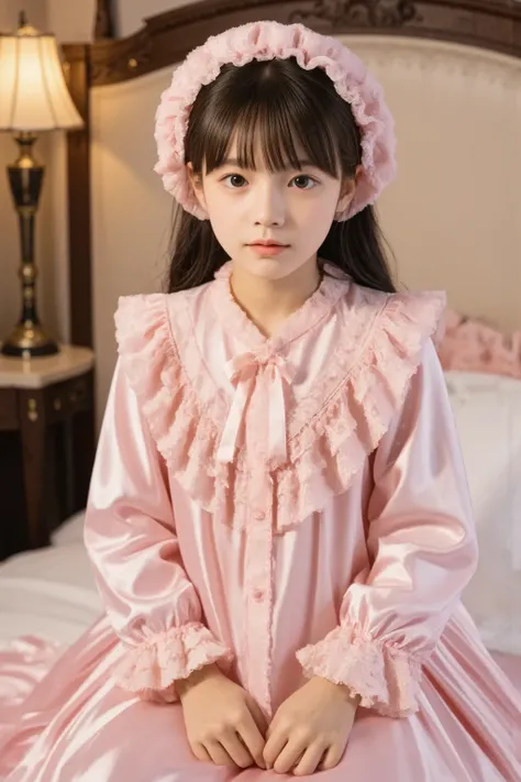 high quality,Super Detailed,3k photos,get used to it,girl in pink nightgown,long sleeve,long skirt,pink ruffle round hat,full body, (( 10 year old Japanese girl,Short Height,solo)),super fine young face,,lovely smile,baby-like face,is short,,(((straight lo...
