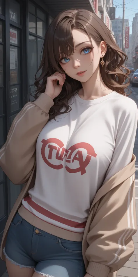 ((dark skin)), (( adult женщина)), ((dark brown hair)), A girl with blue eyes and long dark brown wavy hair in a sweater on the street ((in clothes)) (( closed clothes )), ((medium chest)) ((with forms)) (( adult)) ((with forms)) (( adult)) (( adult сексуа...