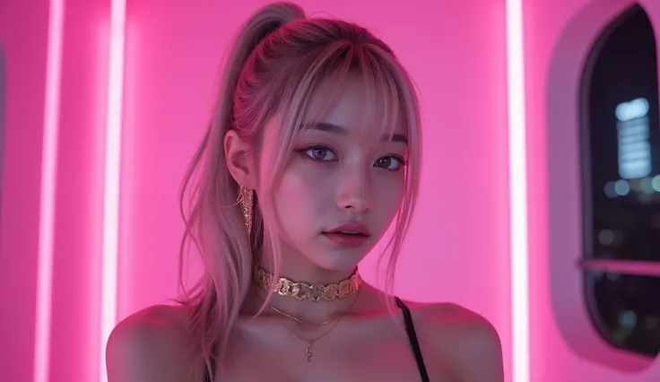 ,Upper body, detailed eye area, 8K resolution. Depicts a stylish, expressionless female K-POP idol in a crop top style. Ultra-high-definition 3D anime-style portrait. Ultra-high definition. Dramatic pink neon illuminates a futuristic background space, with...