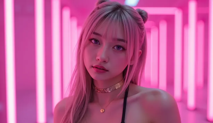 ,Upper body, detailed eye area, 8K resolution. Depicts a stylish, expressionless female K-POP idol in a crop top style. Ultra-high-definition 3D anime-style portrait. Ultra-high definition. Dramatic pink neon illuminates a futuristic background space, with...