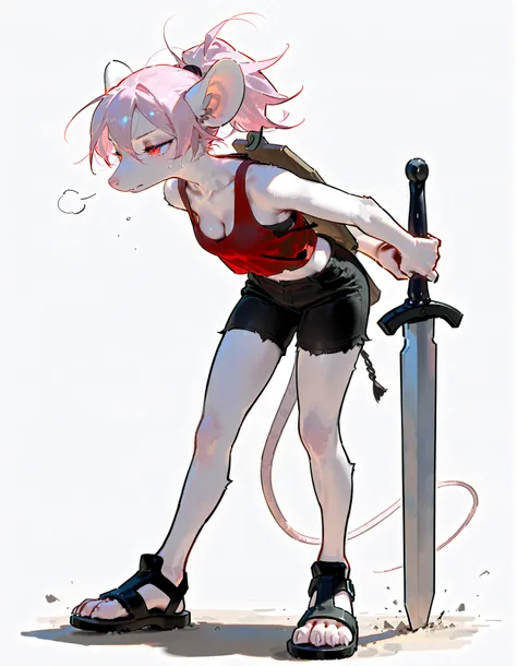 (((masterpiece))), (((Best Quality))), ((Ultra-detailed)), (anime Illustration), ((extremely delicate and beautiful)),solo, Full body, fantasy albino wererat girl, Fluffy Fur, furry, short pale pink hair, red eyes, rat head, rat ear, rat tail, ((ragged red...