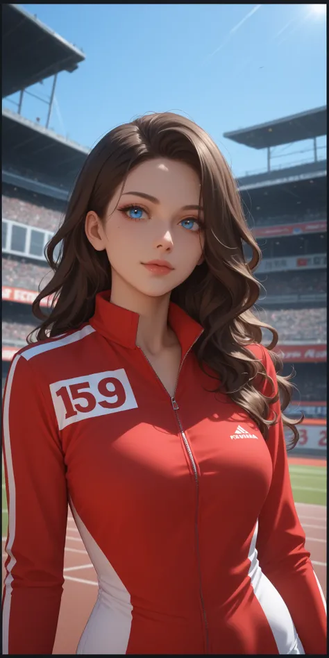 ((dark skin)), (( adult женщина)), ((dark brown hair)), A girl with blue eyes and long dark brown wavy hair at a Formula 1 racing stadium ((in clothes)) (( closed clothes )), ((medium chest)) ((with forms)) (( adult)) ((with forms)) (( adult)) (( adult сек...