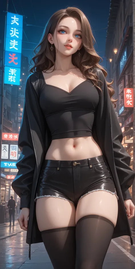 ((dark skin)), (( adult женщина)), ((dark brown hair)), A girl with blue eyes and long dark brown wavy hair on a night street ((in clothes)) (( closed clothes )), ((medium chest)) ((with forms)) (( adult)) ((with forms)) (( adult)) (( adult сексуальная дев...
