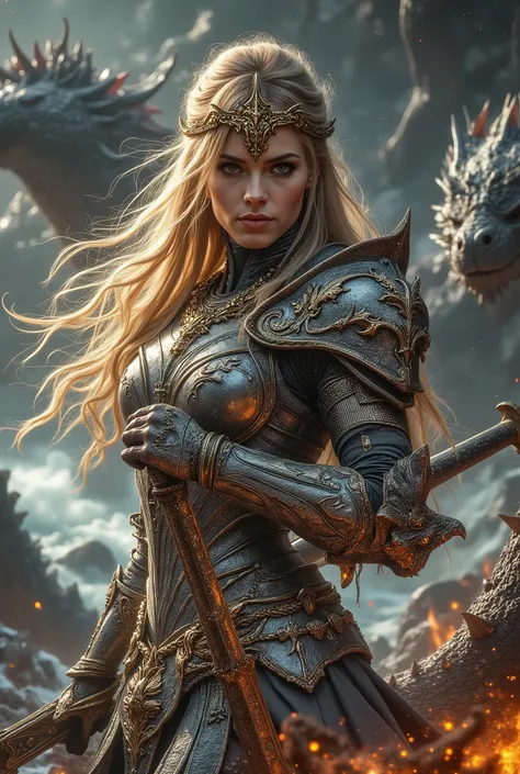 (Best Quality,4K,8k,high definition,masterpiece:1.2),Super Detail,(photo;1.3)、 ((full body):1.3), ((detailed eyes):1.3),((Fresh)), A woman in gladiator armor、blonde hair、((has a gorgeous large sword:1.4))、((Legendary Sword))、((Fighting the Dragon:1.4))、(re...