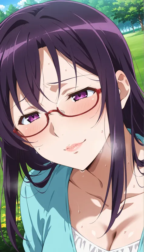 score_9, score_8_up, score_7_up, score_6_up, score_5_up, score_4_up, source_anime, anime art, anime style, masterpiece, Highest Quality, 1girl, mature woman, , , Rize Kamishiro,,Sweating, watching you, lips, , Face of pain, long hair ,Wear Glasses, Casua...
