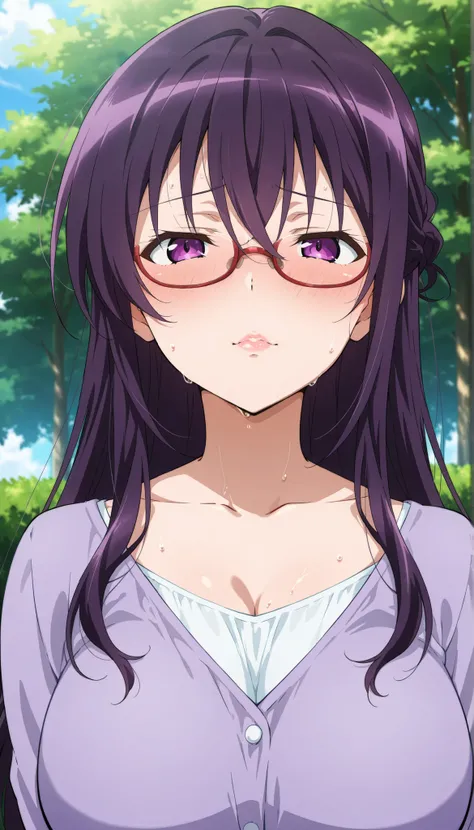 score_9, score_8_up, score_7_up, score_6_up, score_5_up, score_4_up, source_anime, anime art, anime style, masterpiece, Highest Quality, 1girl, mature woman, , , Rize Kamishiro,,Sweating, watching you, lips, , Face of pain, long hair ,Wear Glasses, Casua...