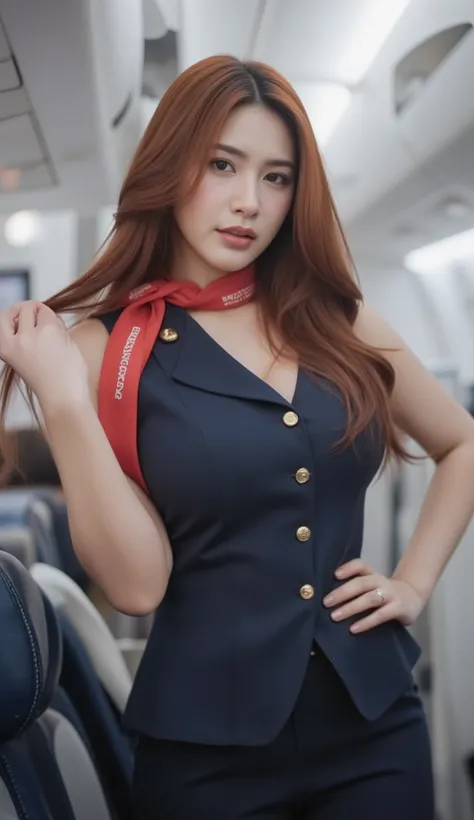 A portrait image shows a beautiful flight attendant in British Airways' sleeveless navy uniform in a cabin.
She is Korean-Thai. She has a long, fluffy haircut that shows off her narrow forehead. She has a voluptuous figure. She is chubby-sexy. She has a c...