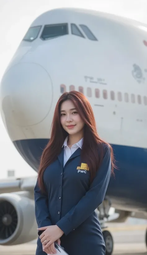 A portrait image shows a beautiful aviation engineer standing in a runway.
She is Korean-Thai. She has a long, fluffy haircut that shows off her narrow forehead. She has a voluptuous figure. She is chubby-sexy. She has a cherry-red hair colour. She smiles...