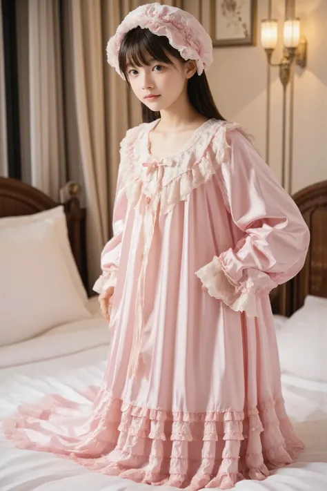 high quality,Super Detailed,3k photos,,((side shot,should look to the side:1.4))get used to it,girl in pink nightgown,long sleeve,long skirt,pink ruffle round hat,full body, (( 10 year old Japanese girl,Short Height,solo)),super fine young face,,lovely smi...