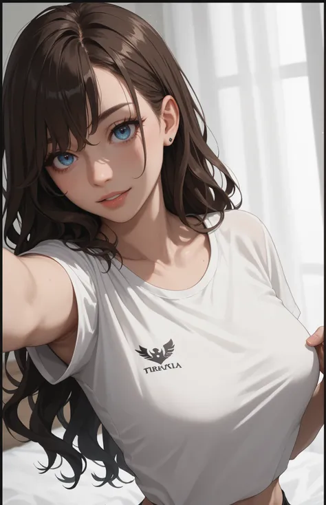 ((ADULT WOMAN)), ((dark brown hair)), A girl with blue eyes and long dark brown wavy hair