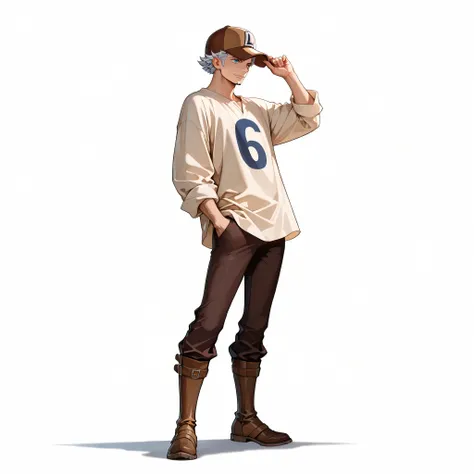 (male), (adult man), (slim body), (short spiky silver hair), (blue eyes), (brown baseball cap)l), (solo), (single character), (full body), (standing pose), (white background), (no background), (highly detailed), (shadow), (detailed outfit), (detailed hands...