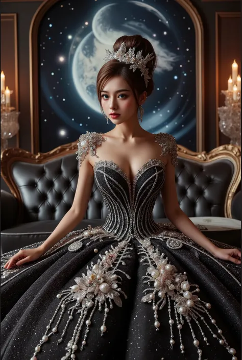 A beautiful Asian idol girl with white skin, douyin-style makeup face, eyelashes, With fake giant breasts, blue eyes, wearing a tight strapless dress that presses the breasts, with a sexy and slim body, a small waist, glass effect on the dress, sitting in ...