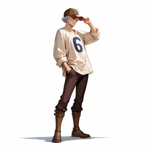 (male), (adult man), (slim body), (short spiky silver hair), (blue eyes), (brown baseball cap)l), (solo), (single character), (full body), (standing pose), (white background), (no background), (highly detailed), (shadow), (detailed outfit), (detailed hands...