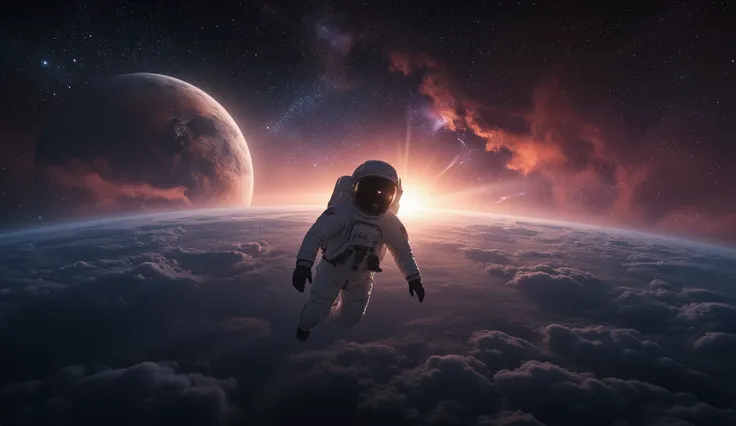 A lone astronaut drifts silently through the vastness of deep space, surrounded by a sea of stars, glowing nebulae, and distant galaxies. Below them, a swirling gas giant looms with rich, stormy colors — crimson, indigo, and silver. Wisps of cosmic dust an...
