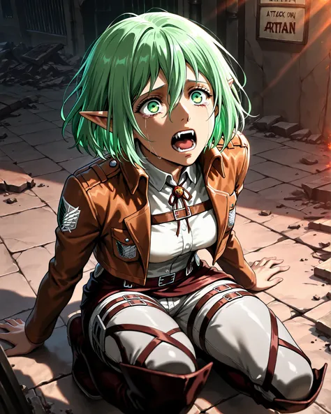 distant front high angle, taking in the character and part of the city behind, (masterpiece, ultra-detailed, 4K, vibrant colors, inspired by the hit anime Attack on Titan), {1woman}: (a beautiful and attractive woman, expressive green eyes, short green hai...