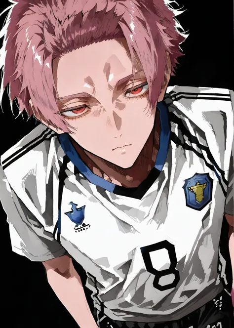 One Man, Male Body, difficult, anime_style, anime screencaps, anime, Blue Rock_style, blue Lock_Itoi Shigesato, blue Lock_Sae Ito, Sae Ito, blue Lock, red eyes, underlash, short hair, Upturned Bangs,  lower lashes, big eyes, beautiful faces, amazing face, ...