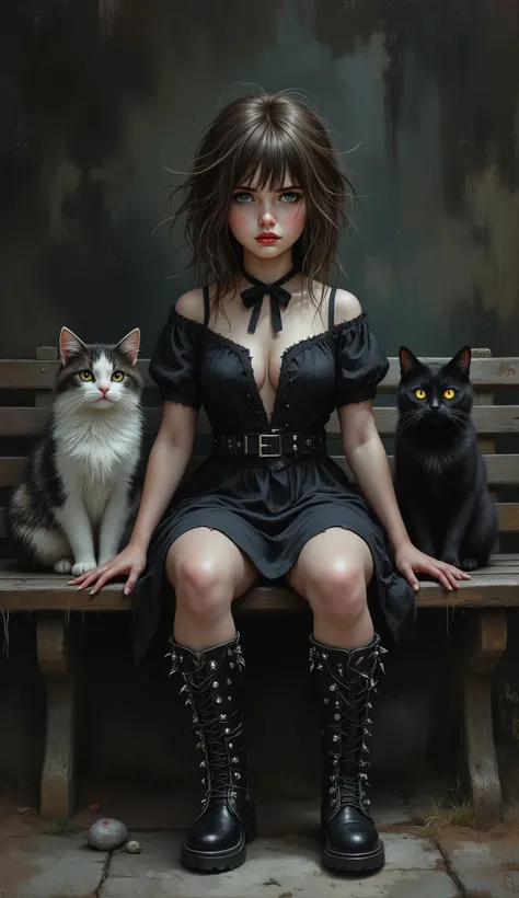 A detailed oil painting in dark fantasy style. On a bench sits a small plump pouty young-looking girl in oversized spiked boots, with a displeased expression and bow-shaped lips, tousled hair, dynamic pose, highly detailed textures. Two cats sit on either ...