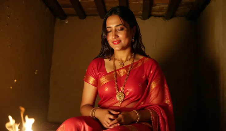 Full hd elegant picture of a beautiful indian women wearing wet red saree and wet red blouse sitting in the hut in front of born fire and talking