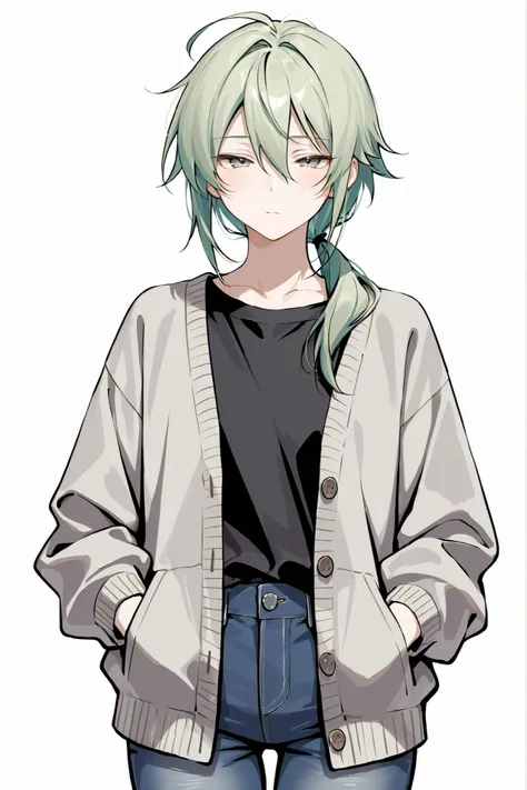 (masterpiece、Highest Quality、high resolution、white background)cowboy shot、solo shot、20 years old、 male、 youth、medium green hair、LOW PONYTAIL、hair over shoulder、bangs between eyes、narrowed eyes、gray eyes、black t-shirt、gray cardigan、jeans、hands in pockets、No...