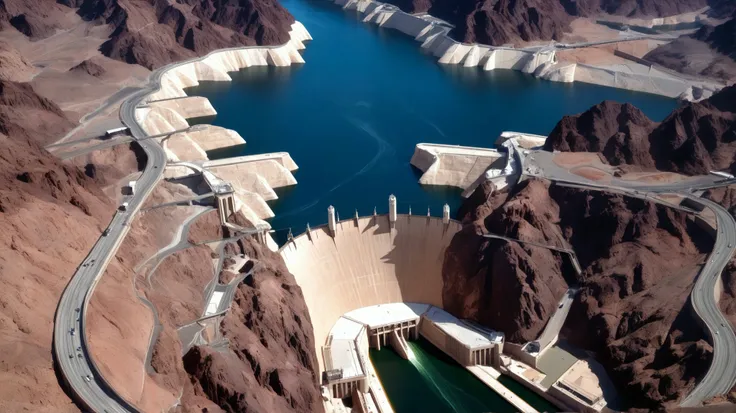 high-definition images、Nevada、Hoover Dam、Image taken from above、dammed the Colorado River、Lake Made was formed from stored water、fish at Lake Maid, jet ski, wait. You can、Spectacular dam exterior、