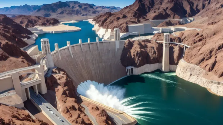 high-definition images、Nevada、Hoover Dam、Image taken from above、dammed the Colorado River、Lake Made was formed from stored water、fish at Lake Maid, jet ski, wait. You can、Spectacular dam exterior、
