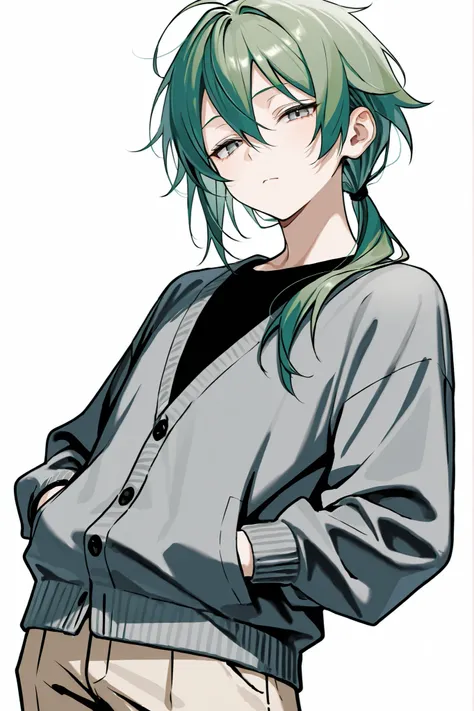 (masterpiece、Highest Quality、high resolution、white background)cowboy shot、solo shot、20 years old、 male、 youth、medium green hair、LOW PONYTAIL、hair over shoulder、bangs between eyes、narrowed eyes、gray eyes、black t-shirt、gray cardigan、beige pants、hands in pock...