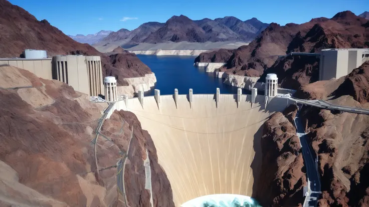 high-definition images、Nevada、Hoover Dam、Image taken from above、dammed the Colorado River、Lake Made was formed from stored water、fish at Lake Maid, jet ski, wait. You can、Spectacular dam exterior、