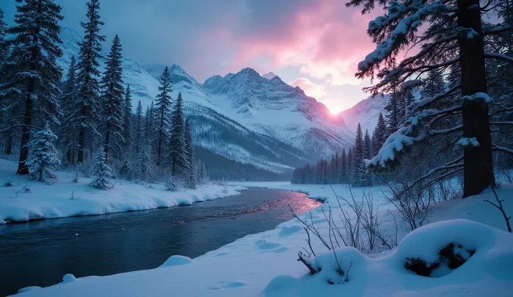 “The snow-covered valley of the Chulitna River with fir trees, snow-capped mountains visible in the background at sunset — ultra-realistic in 8K horror style.”