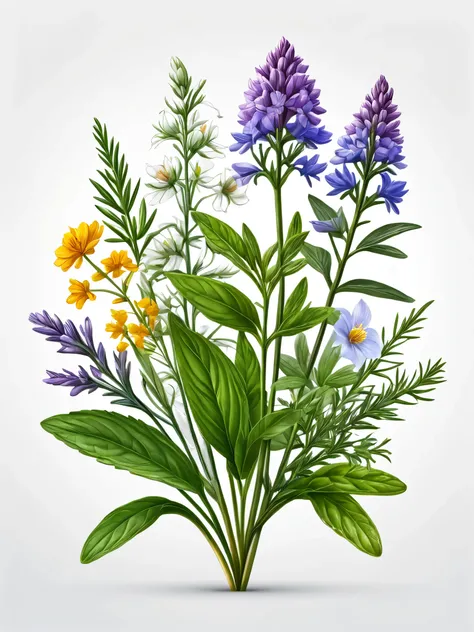 Holistic herbs and flowers, white background, vector logo, (best quality, masterpiece:1.2), ultra-detailed, (realistic, photo-realistic:1.37), highly detailed, intricate, elegant, graceful, minimal, clean, simple, photorealistic, digital art, 4k, 8k, highr...