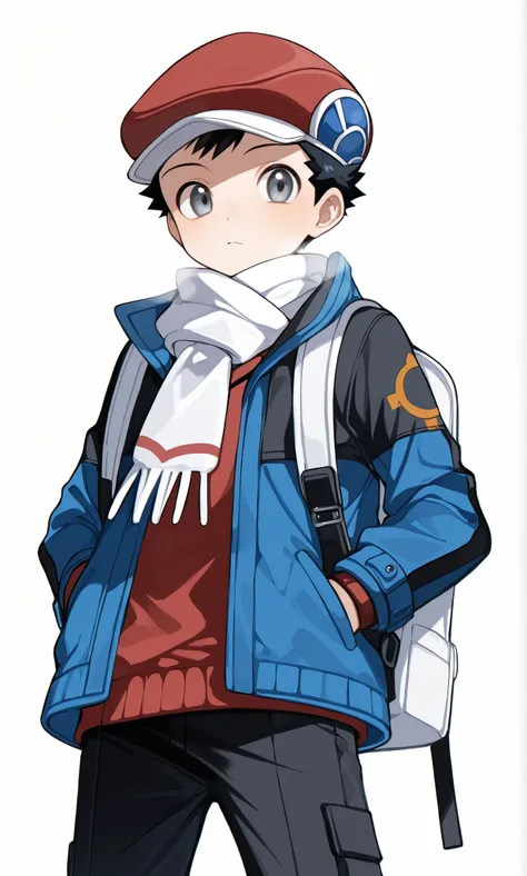score_9_up, score_8_up, score_7_up, score_6_up, score_9, cute, 1boy, solo, lucas_pl, black hair, grey eyes, red hat, blue jacket, red sweater, white scarf, black pants, blue shoes, white backpack, , best quality, amazing quality, best aesthetic, absurdres ...