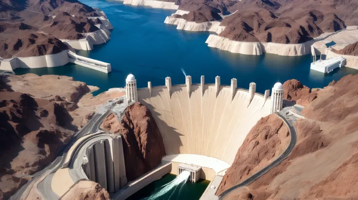 high-definition images、Nevada、Hoover Dam、Image taken from above、dammed the Colorado River、Lake Made was formed from stored water、fish at Lake Maid, jet ski, wait. You can、Spectacular dam exterior、