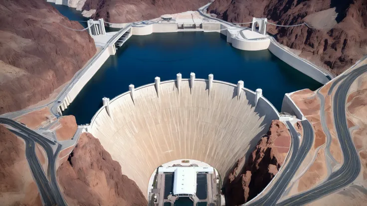high-definition images、Nevada、Hoover Dam、Image taken from above、dam lake、Lake Maid was formed from stored water、Lake Maid's fish, jet ski, wait. you can、The exterior of the spectacular dam that dammed the Colorado River、