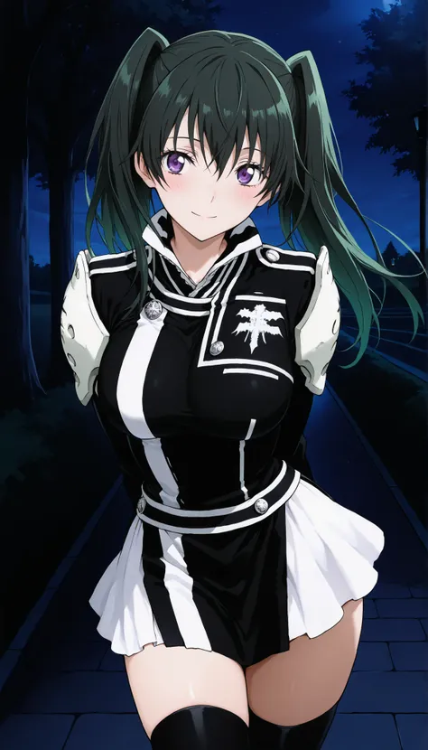 masterpiece,best quality,highres,ultra-detailed,masterpiece,detailed illustration,source_anime,1girl,aalee,long hair,green hair,black hair,twintails,purple eyes,big breasts,shoulder armor,black jacket,long sleeves,black and white skirt,black skirt,black th...