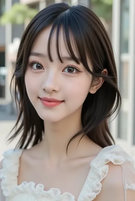 With high school girls:large double eyelids:mascara:Smile Yang:I'm wearing transparent white lace off-the-shoulder: